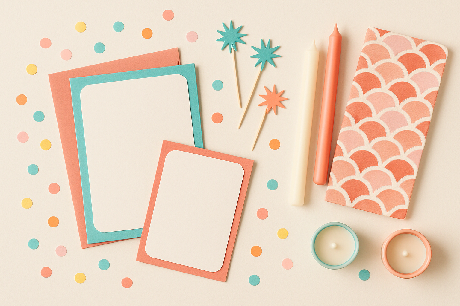 Custom celebration flat lay with invitations, confetti, cocktail accents, and playful color pops