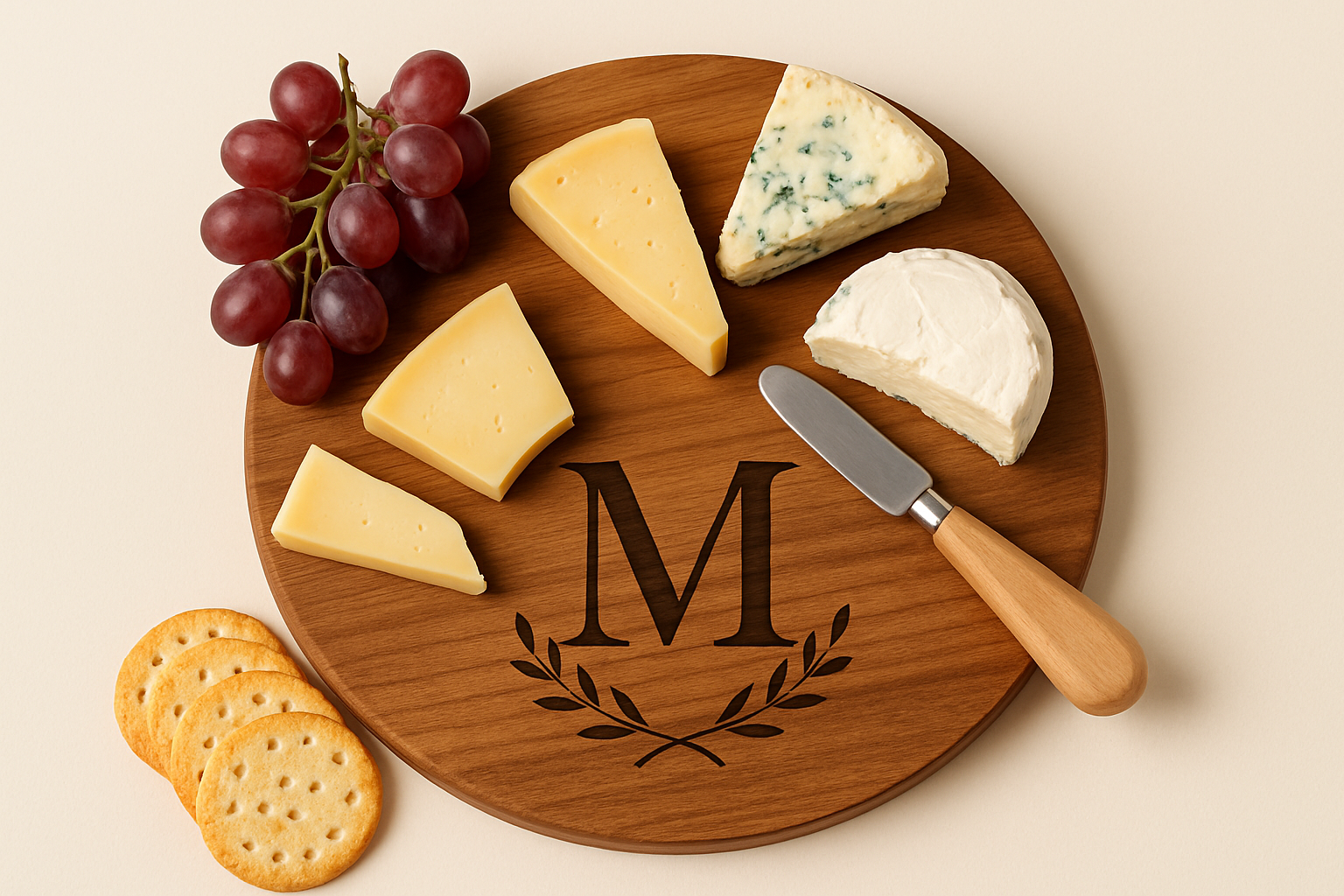 Engraved custom cheeseboard styled with fruit, cheese wedges, and etched monogram