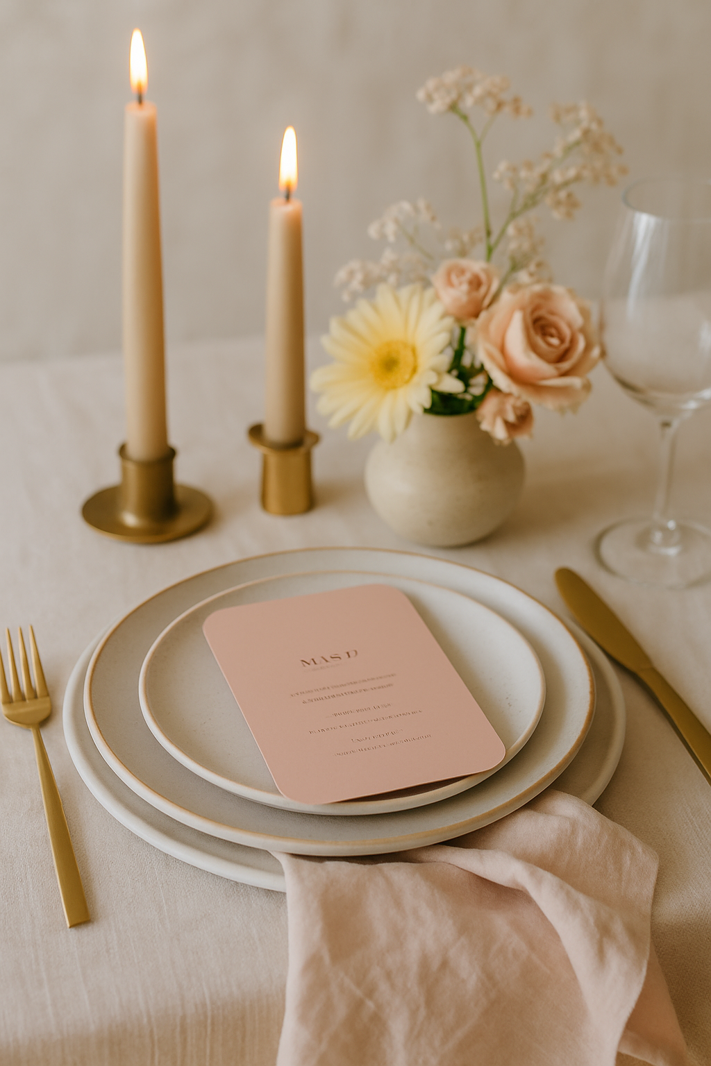 Event tablescape vignette with layered plates, menu card, candles, and floral accents