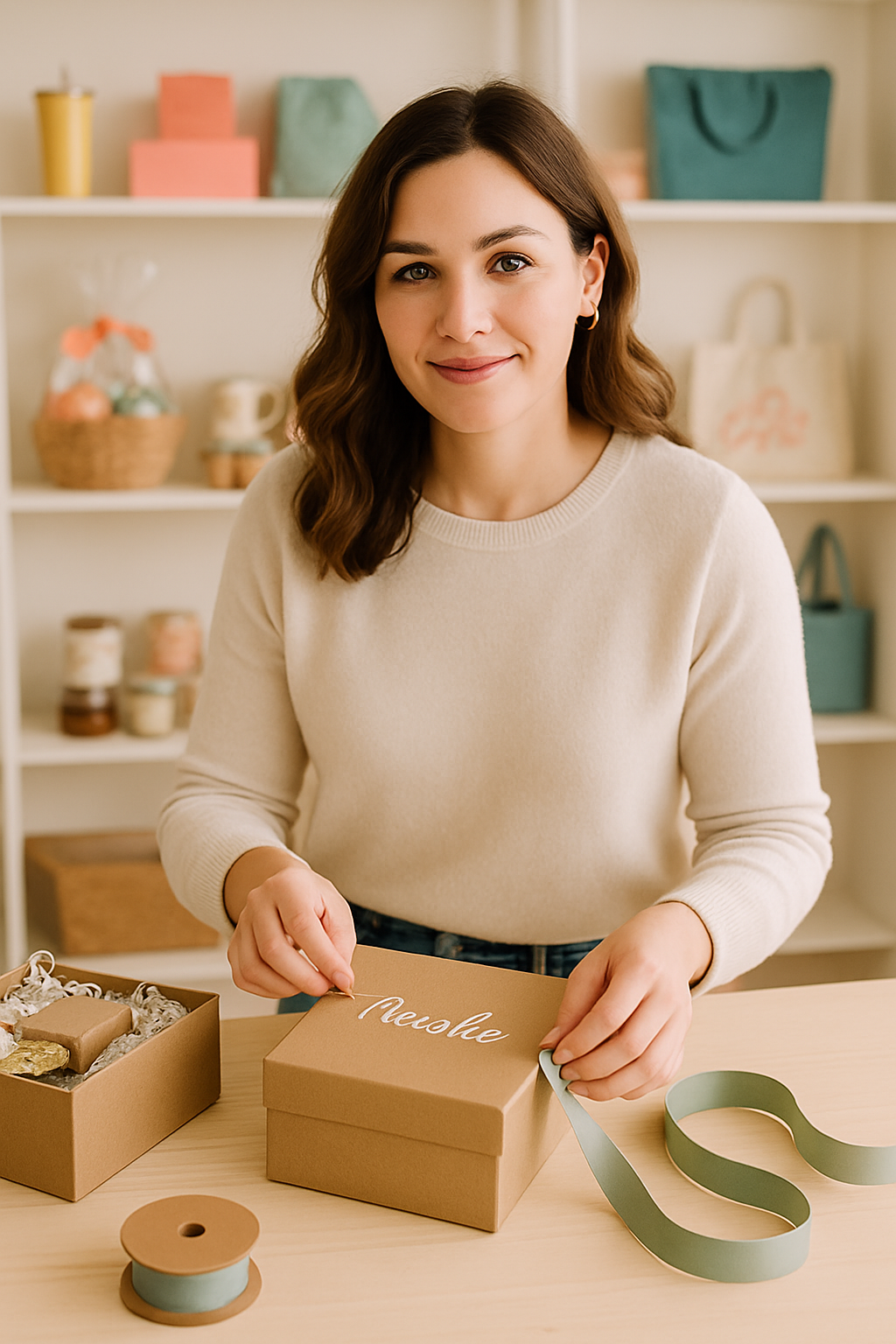 Founder of Make It a Thing arranging personalized gift boxes in a bright creative studio