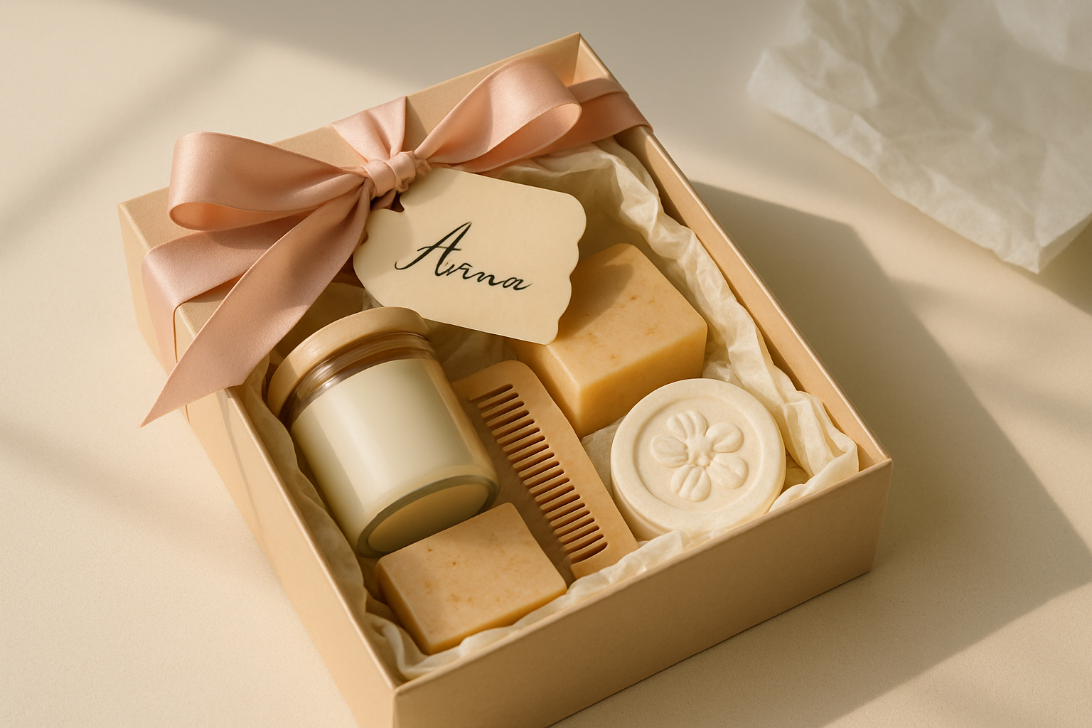 Personalized gift box with ribbon, handwritten tag, and curated keepsakes on a cream table