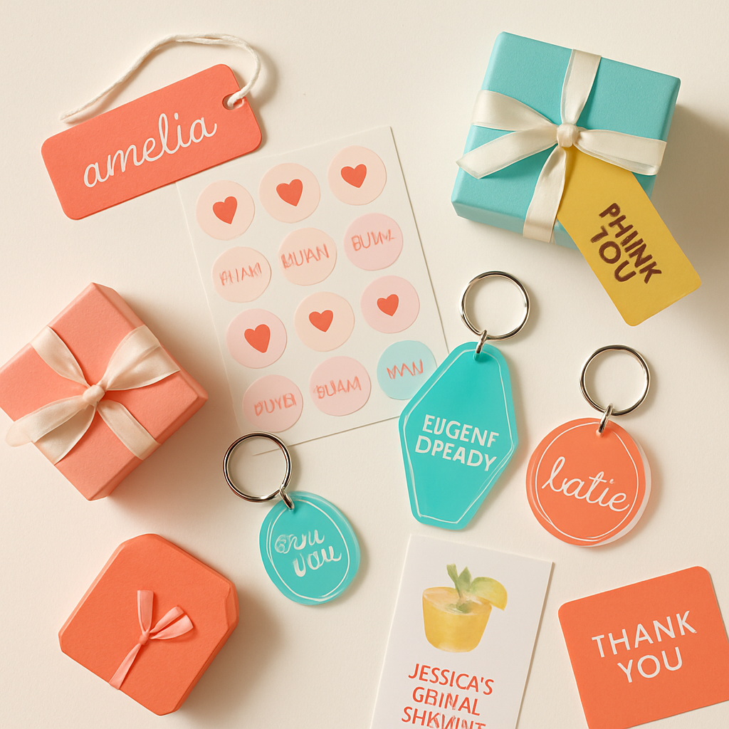 Colorful flat lay of personalized products including tags, cards, and custom accessories