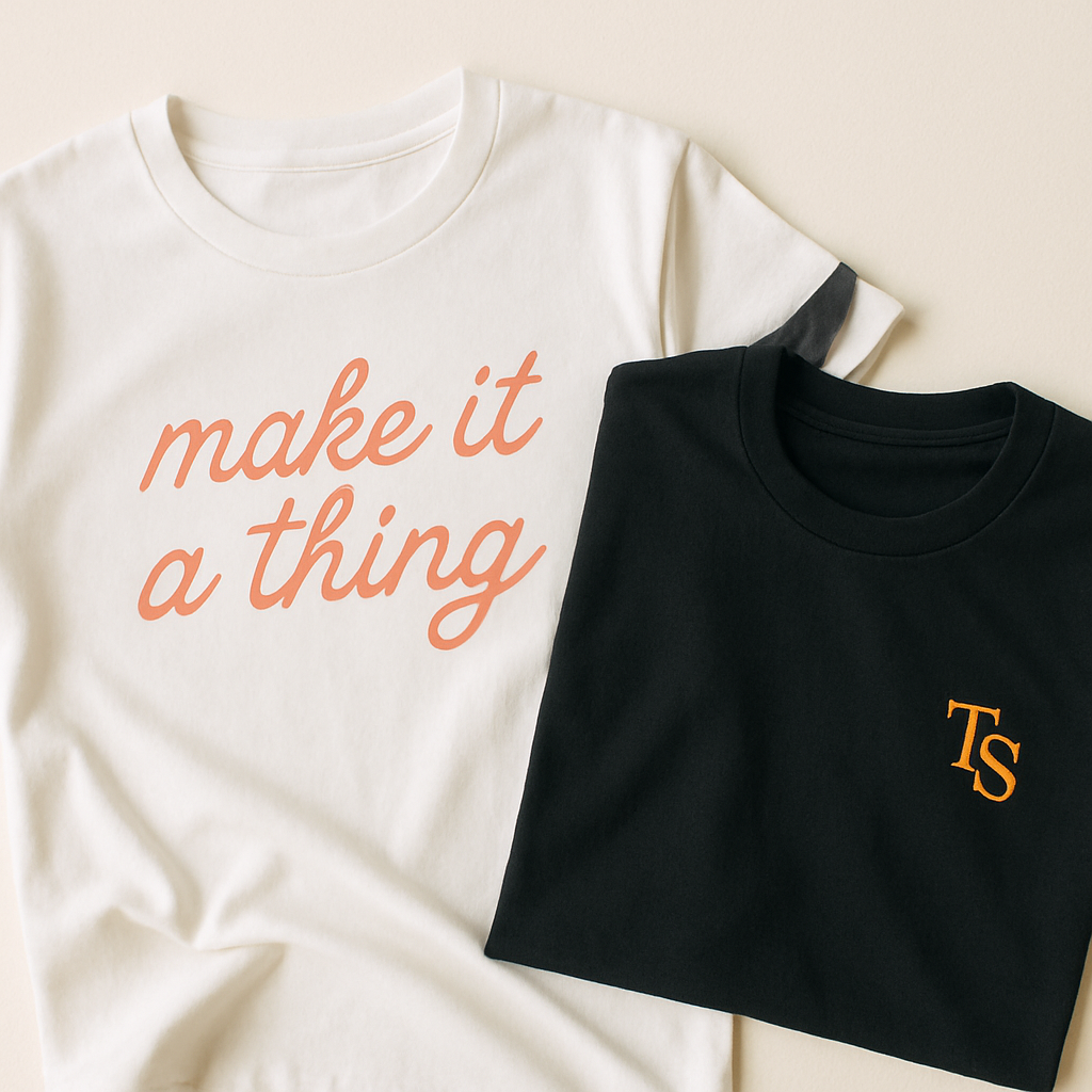 Custom apparel detail showing embroidered and printed personalized shirt designs