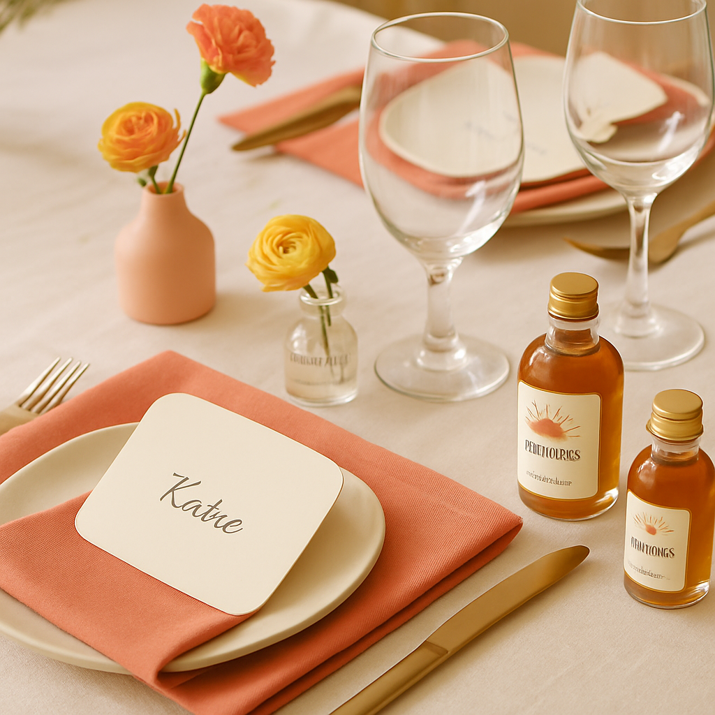 Styled event table detail with coordinated place settings, signage, and party favors