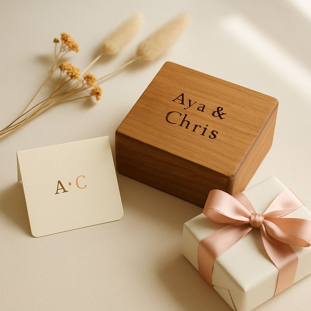 Close-up personalized gift arrangement with engraved keepsakes, ribbon wrapping, and floral accents