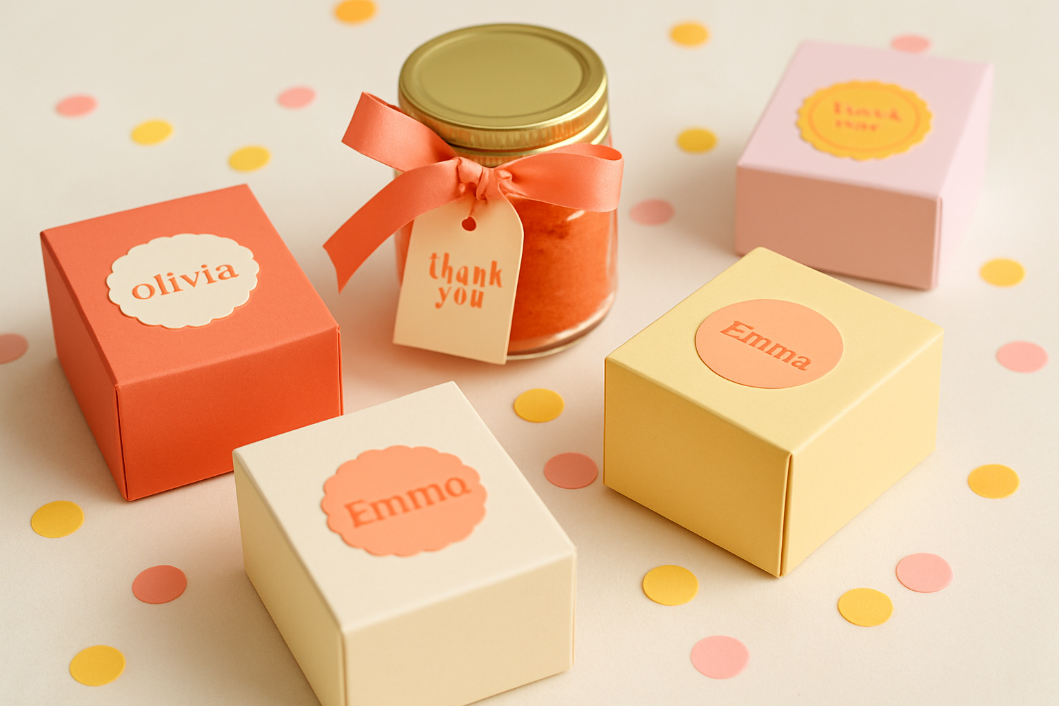 Colorful party favor arrangement with personalized tags, ribbons, and mini treat boxes