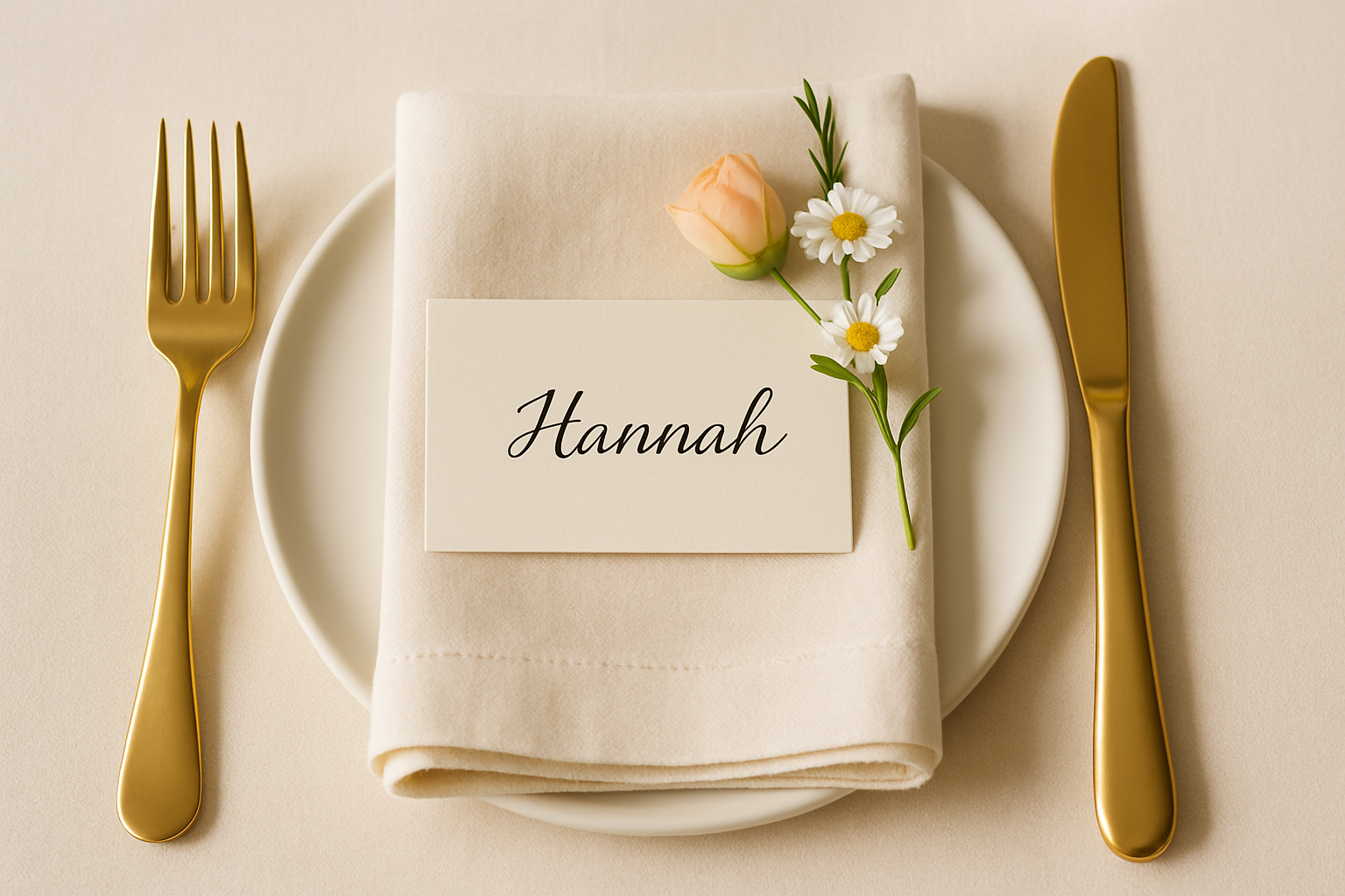 Wedding place setting with personalized name card, soft linen napkin, and gold flatware