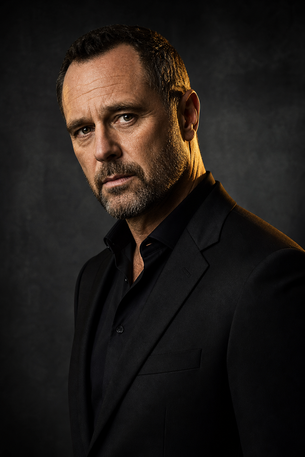 Cinematic studio portrait of Jason Beghe with dramatic lighting