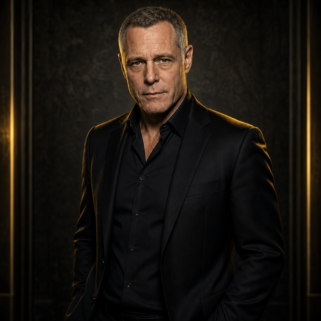Cinematic portrait of Jason Beghe in a tailored black suit with soft gold highlights
