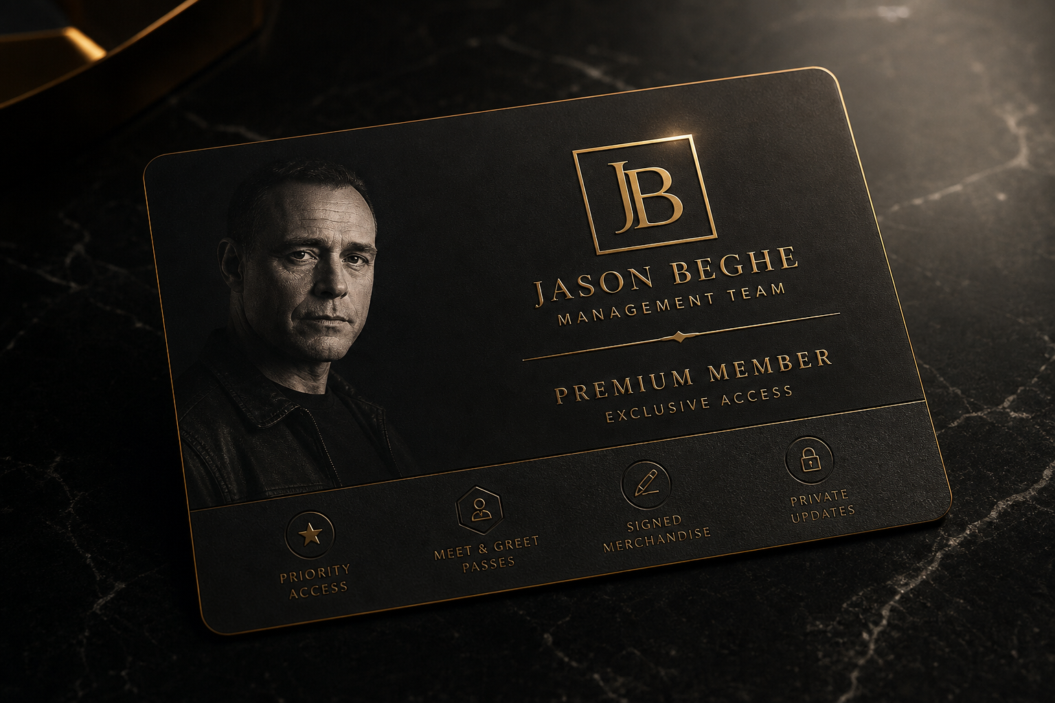 Premium black and charcoal membership card with gold accents and embossed typography