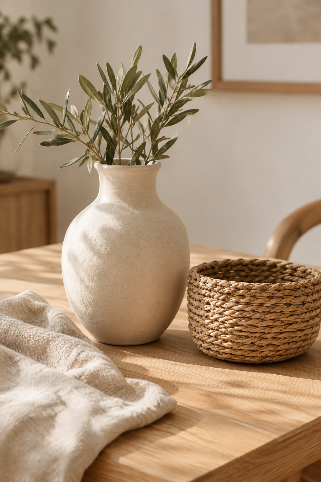 Close-up styled scene with a handmade ceramic vase, woven basket texture, and soft natural linen in warm daylight