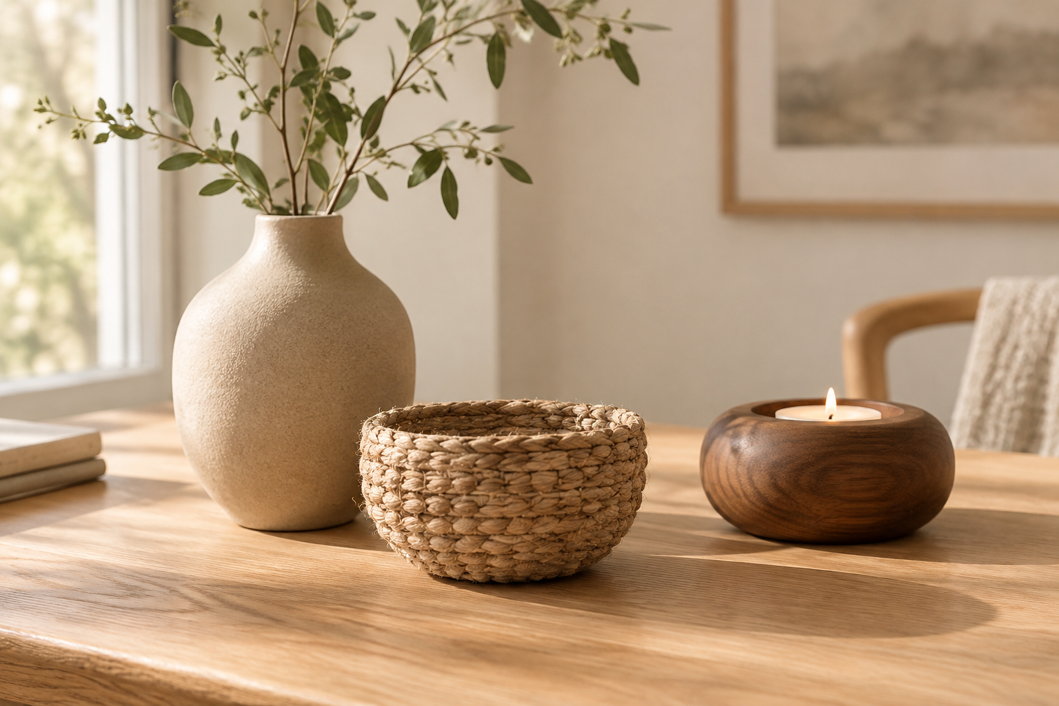 Curated still life of handmade home decor with ceramic vase, woven basket, and wooden candle holder in warm natural light