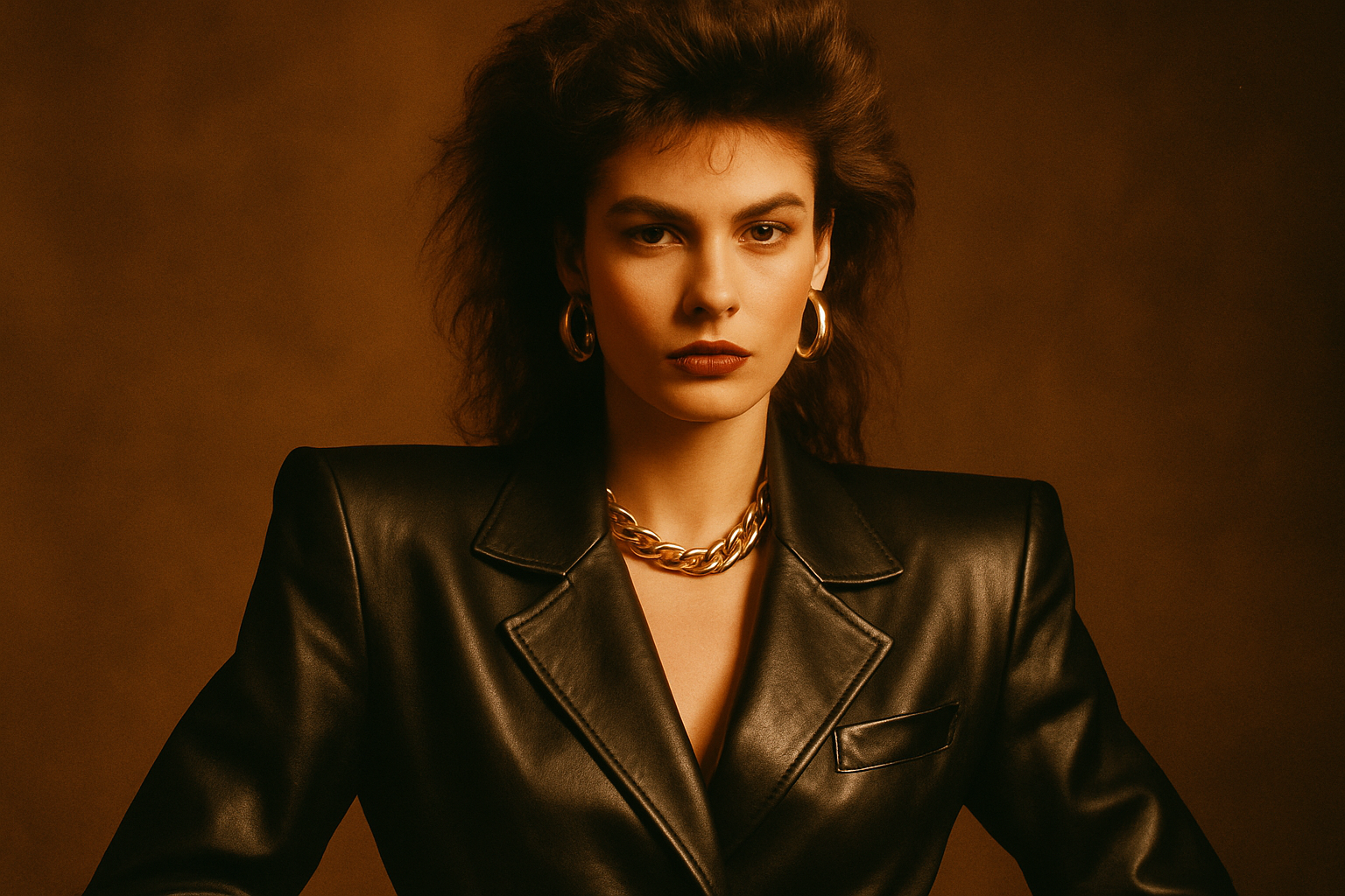 Model in a sharp black leather jacket with bold shoulder lines and metallic accessories, lit by warm studio light for a confident 1980s editorial feel