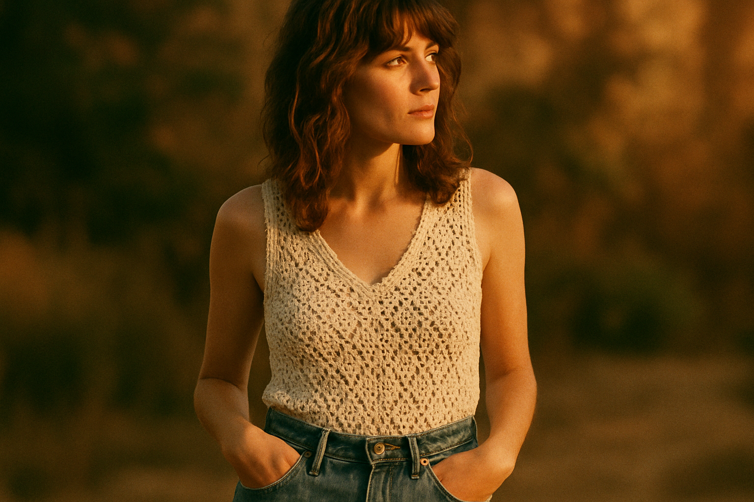 Model wearing a cream crochet top and high-waisted faded denim in warm golden light, with earthy textures and a relaxed 1970s vibe