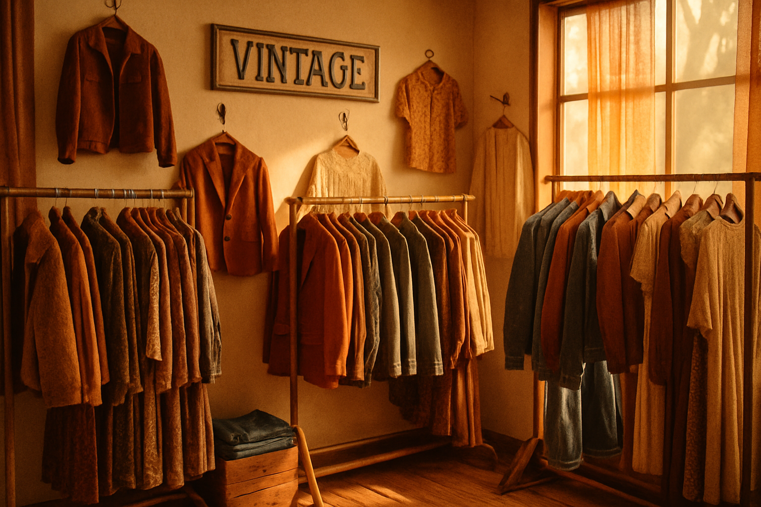 Warm film-style interior of a vintage clothing boutique with 70s and 80s garments on wooden racks, amber light, and textured fabrics