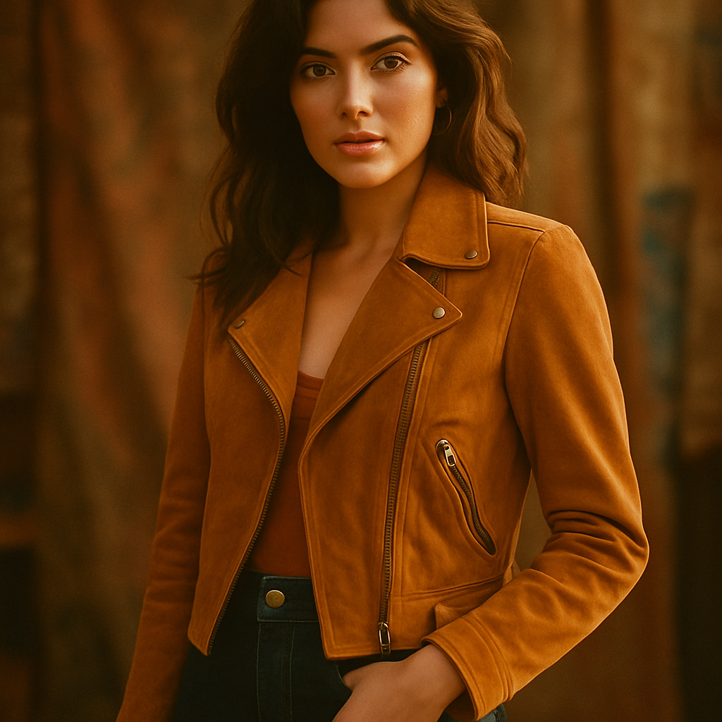Vintage fashion portrait featuring a model in a 70s suede jacket and high-waisted denim under warm golden-hour light