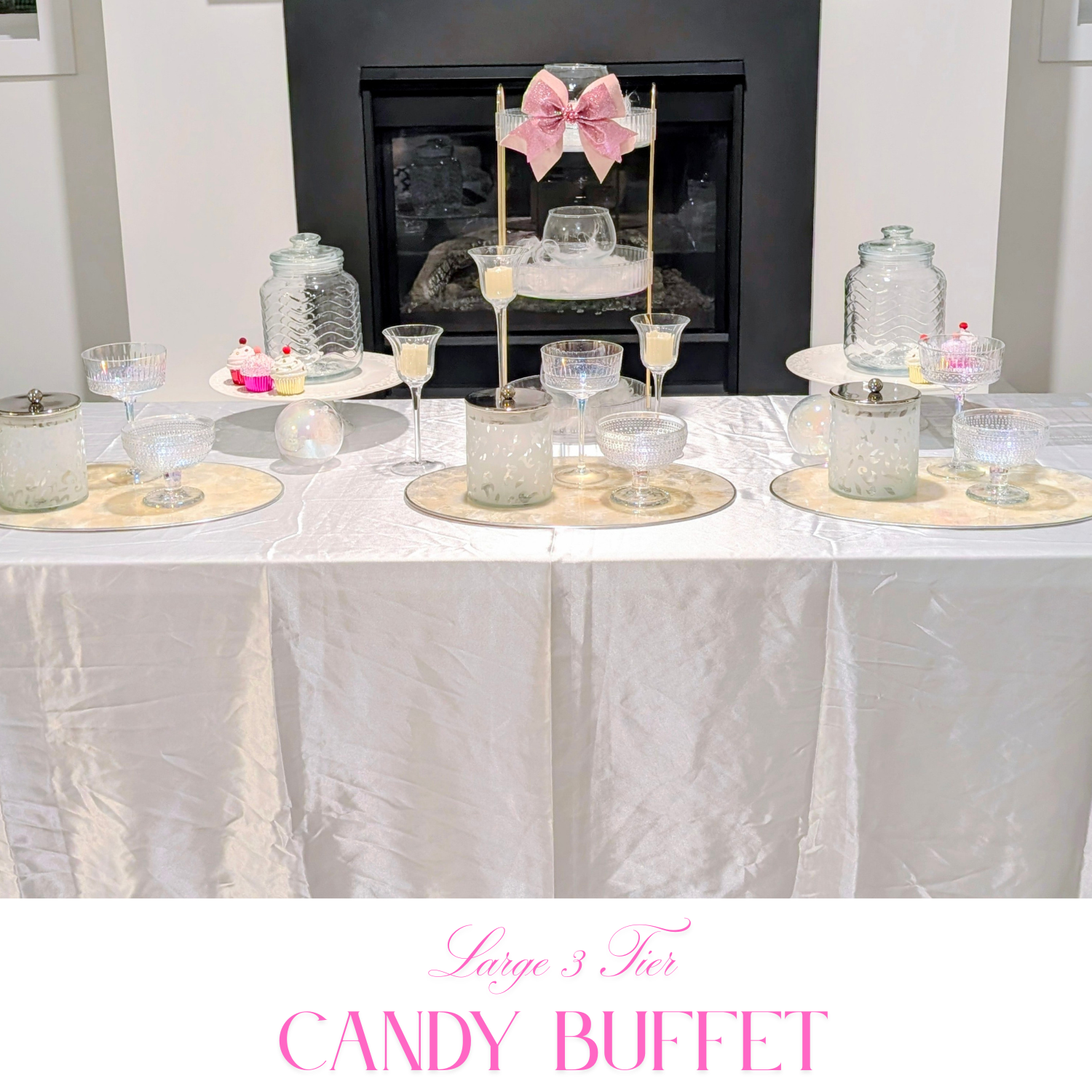 Large candy buffet with multiple dessert tiers, candy scoops, and broad table coverage for big parties