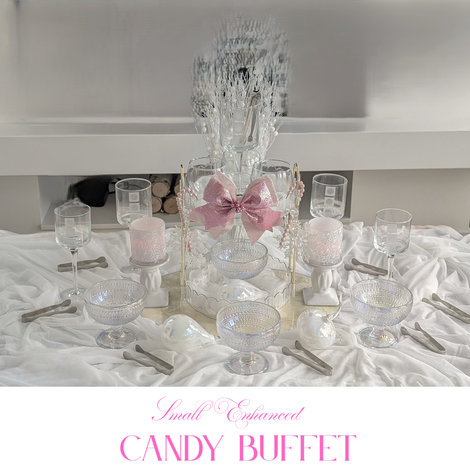 Small birthday buffet with pastel candy jars, striped treat bags, and a clean tiered display