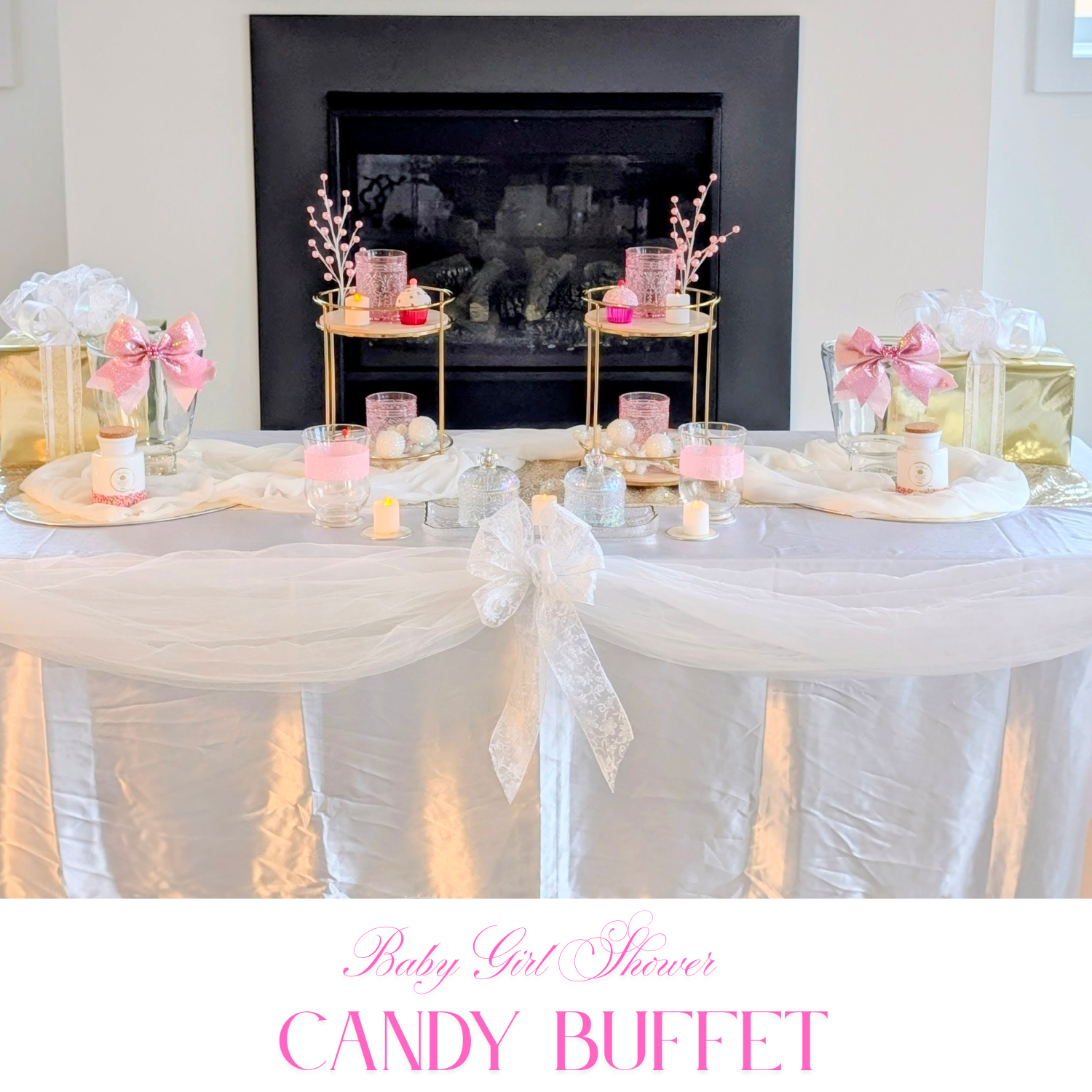 Baby Girl Shower candy buffet with blush pink sweets, floral accents, and coordinated pastel dessert styling