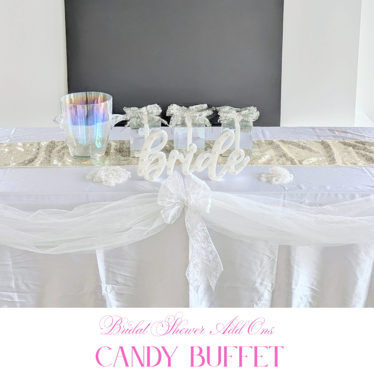 Wedding add-ons display with coordinated dessert stands, favor details, and blush-accent styling