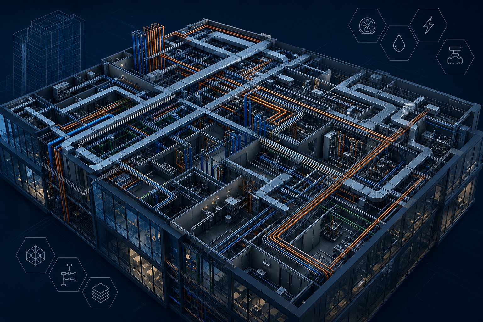 BIM coordination render showing detailed mechanical and electrical systems inside a high-rise floorplate