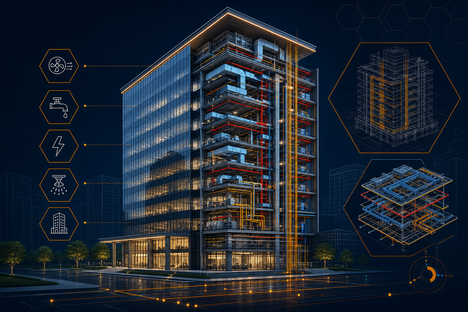 BIM rendering of a high-rise commercial office tower with exposed MEP systems and glass facade