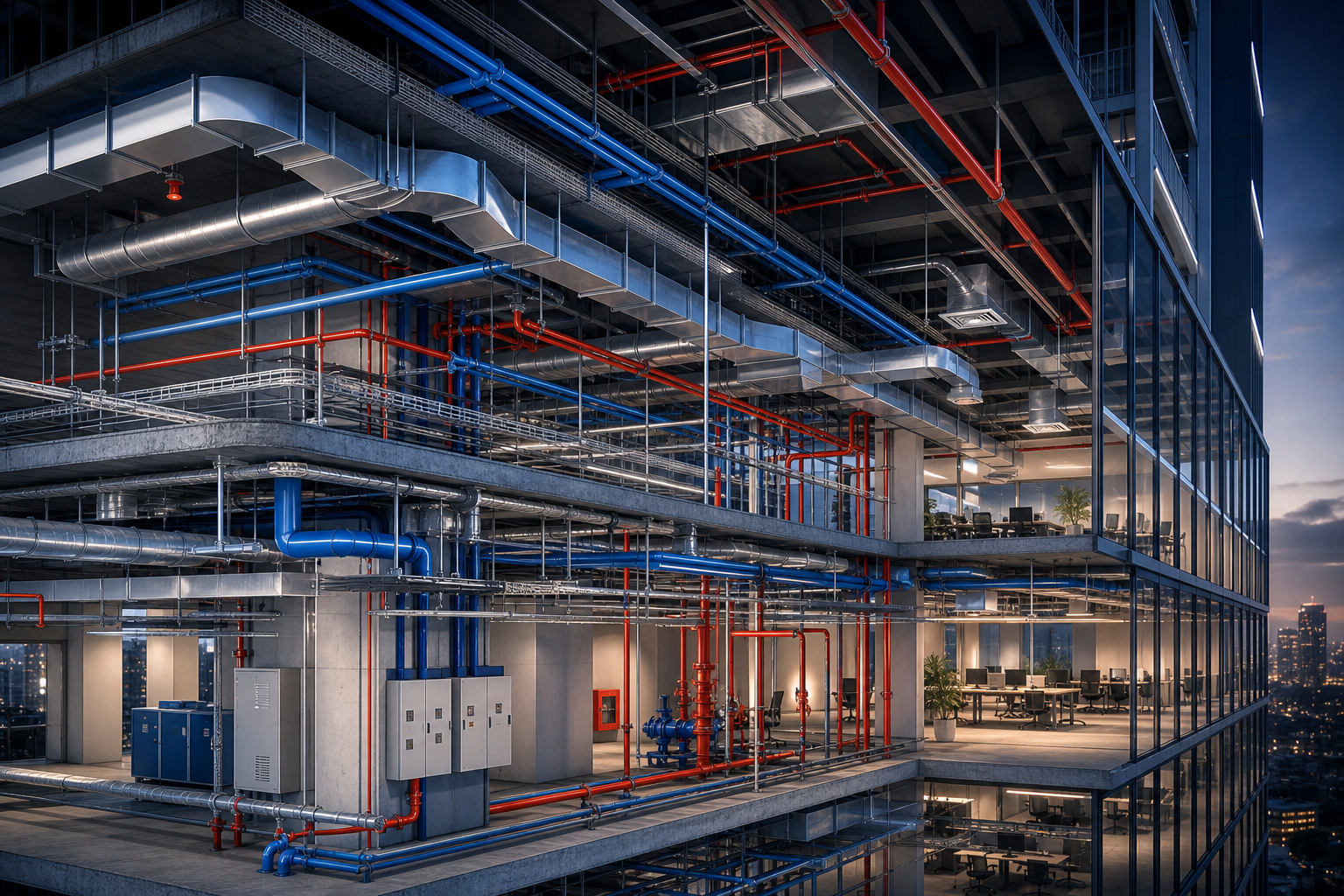 Technical BIM render showing layered MEPF systems in a high-rise building with mechanical ducts, piping, and cable trays