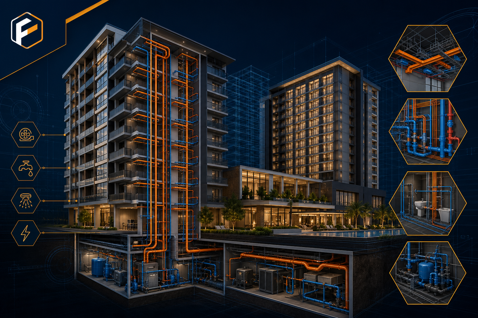 Architectural visualization of residential and hospitality buildings with highlighted HVAC and plumbing risers