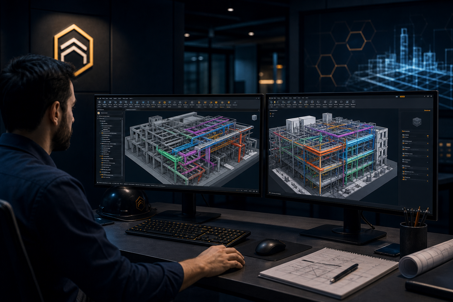 BIM engineer reviewing a multi-discipline 3D model on large monitors in a dark technical control room