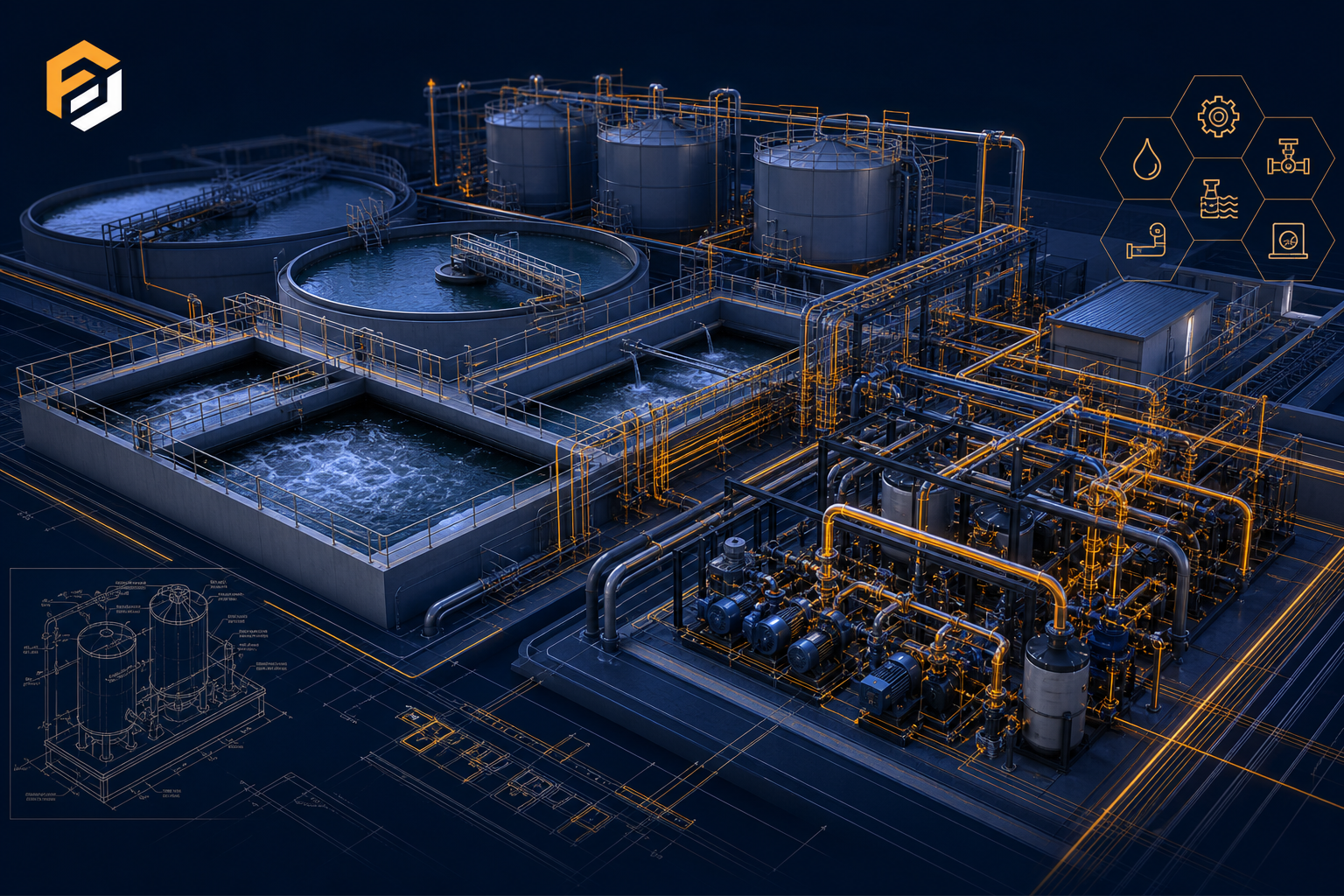 Technical rendering of a water treatment facility with process piping and infrastructure layout