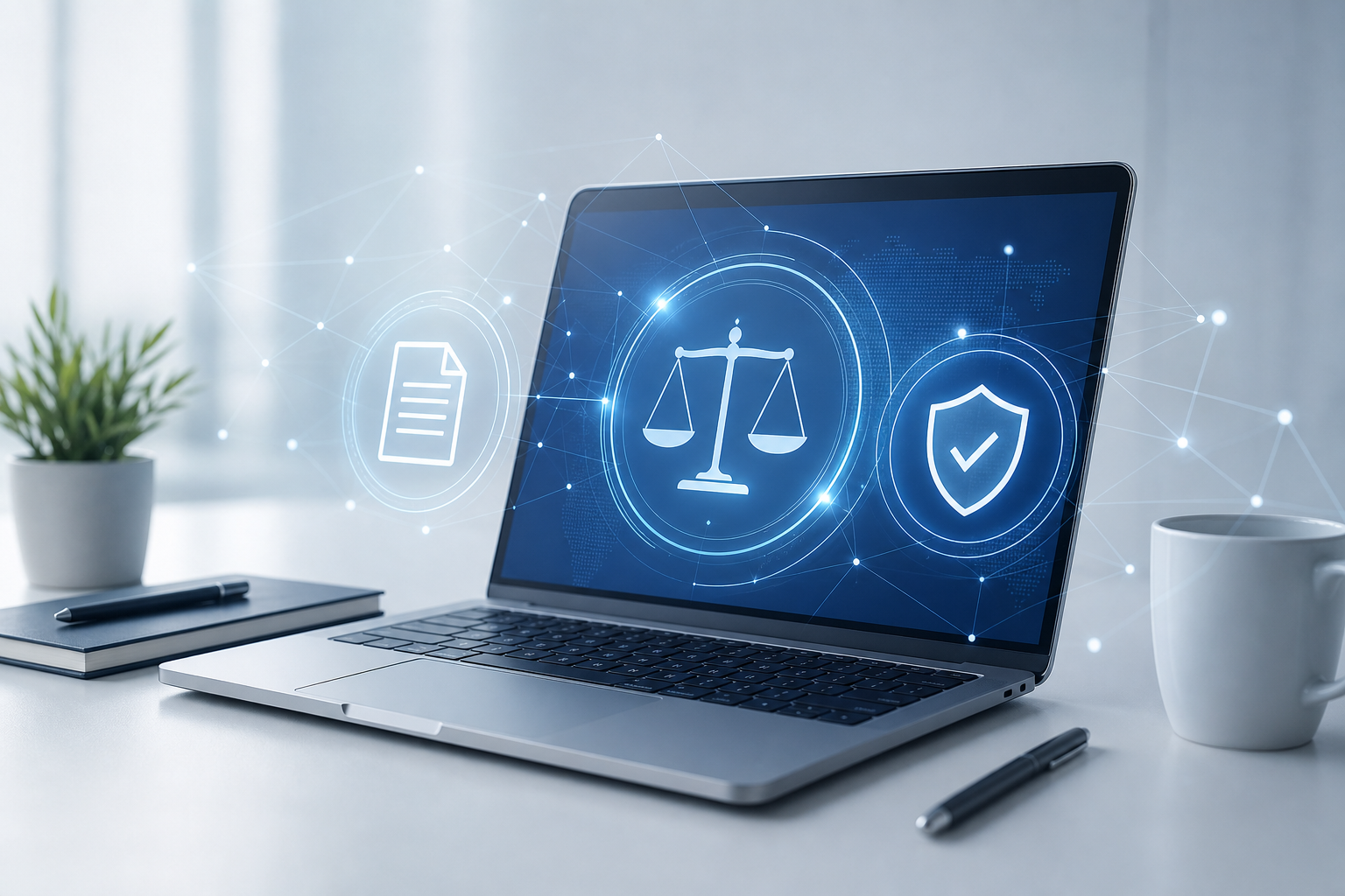 Сучасна digital-legal обкладинка: стилізований ноутбук із голографічними юридичними піктограмами, мережевими лініями та діловими документами у світло-синій палітрі