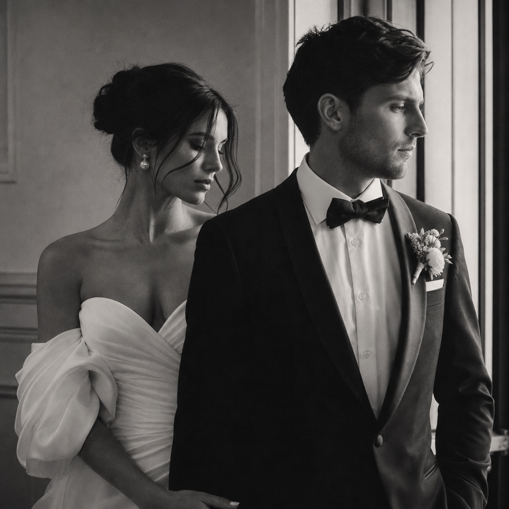 Monochrome cinematic portrait of a couple standing in soft window light, dressed in modern formalwear, with delicate film grain and a calm editorial mood.