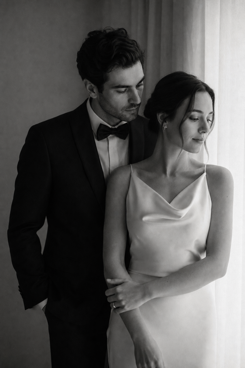 Monochrome cinematic portrait of a couple standing in soft window light, dressed in modern formalwear, with delicate film grain and a calm editorial mood.