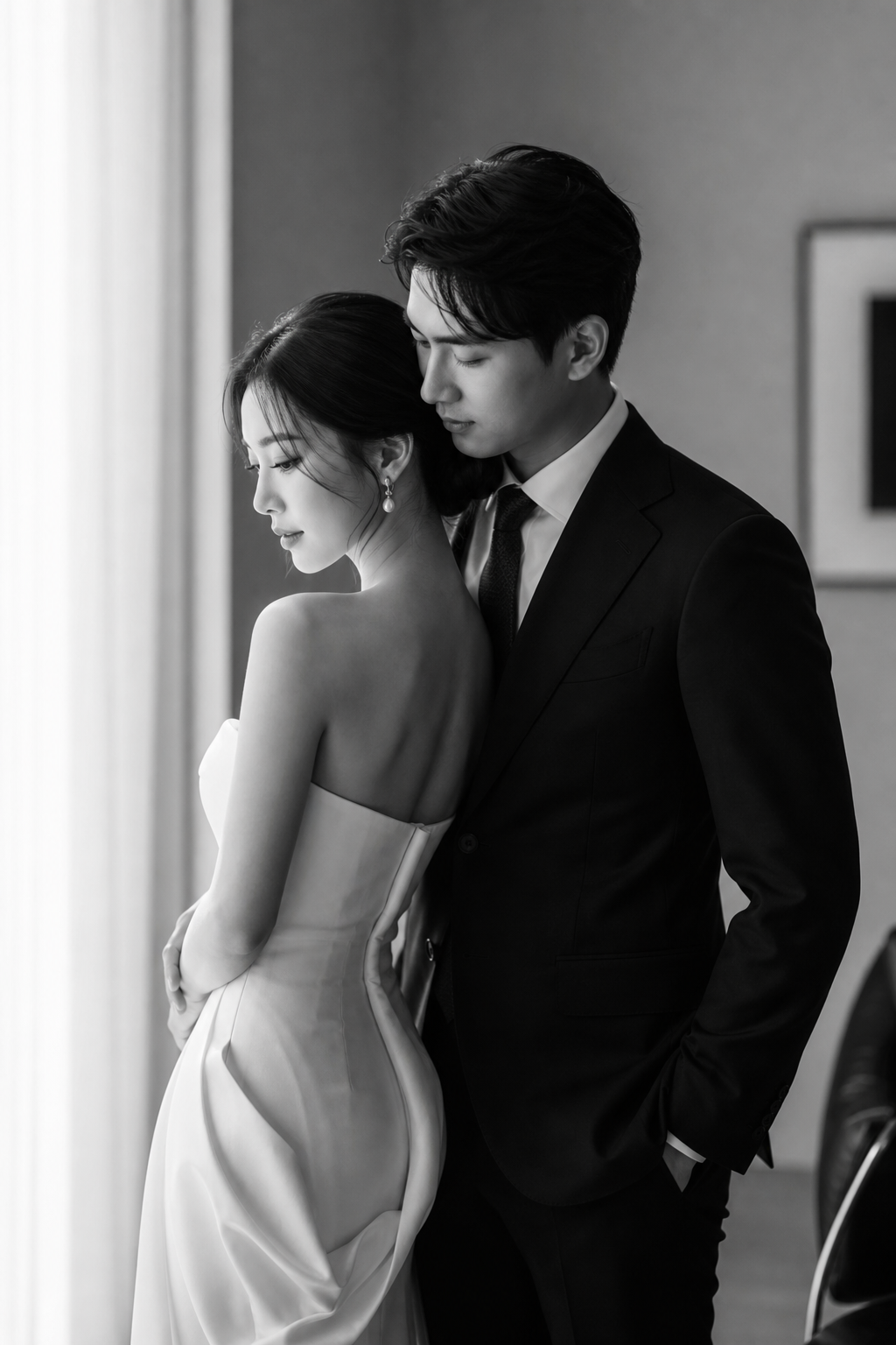 Elegant black-and-white portrait of a couple in soft window light, cinematic and editorial