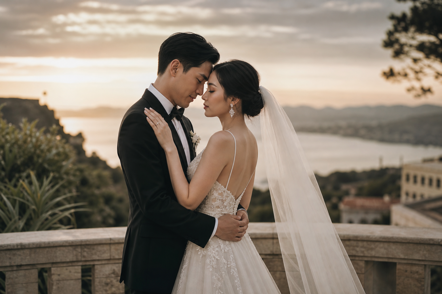 Elegant wedding couple embracing under soft evening light in a refined outdoor setting