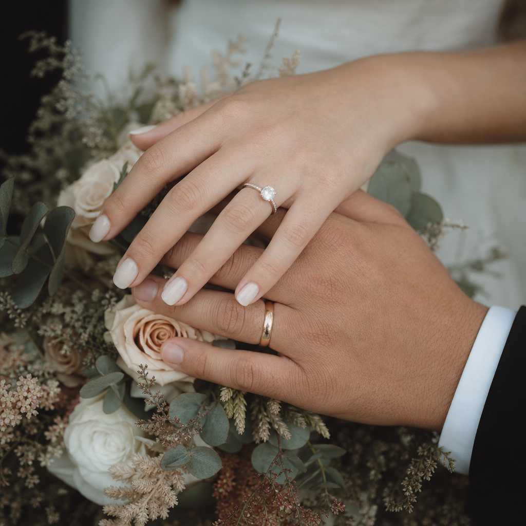Close-up of hands with wedding rings resting on a bouquet of muted florals