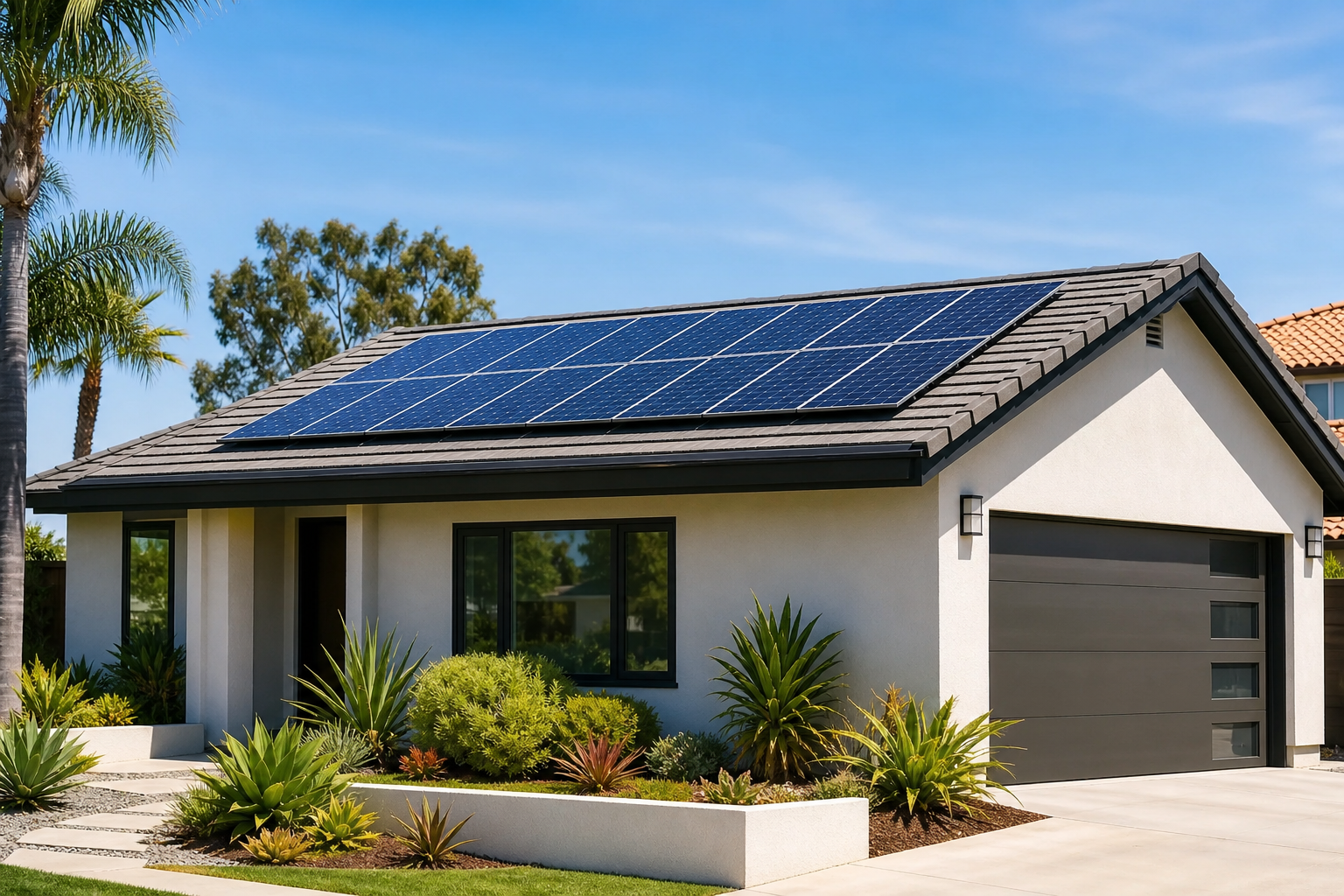 Bright solar panels on a modern California home with blue sky and soft greenery