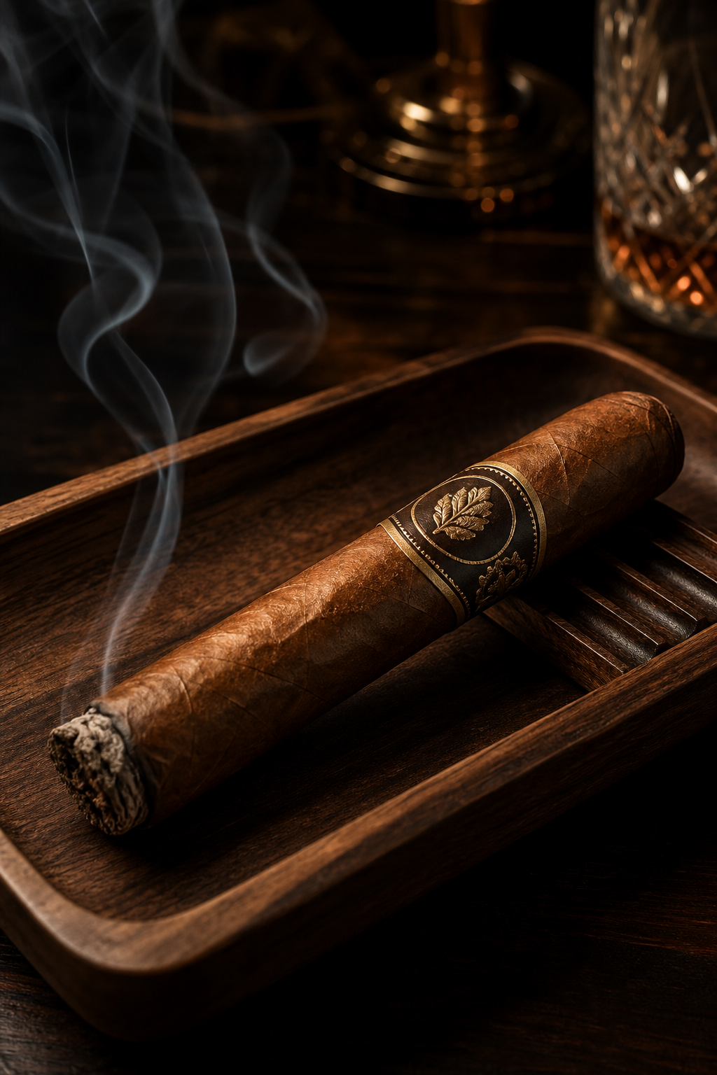 Close-up premium cigar with textured wrapper and elegant presentation on a dark tray