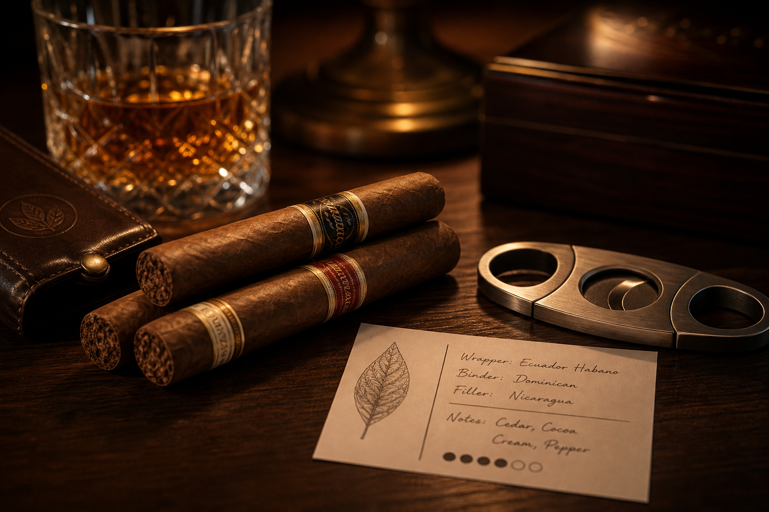 Elegant educational cigar-table still-life with premium cigars, a cutter, a small tasting card, and warm ambient lighting