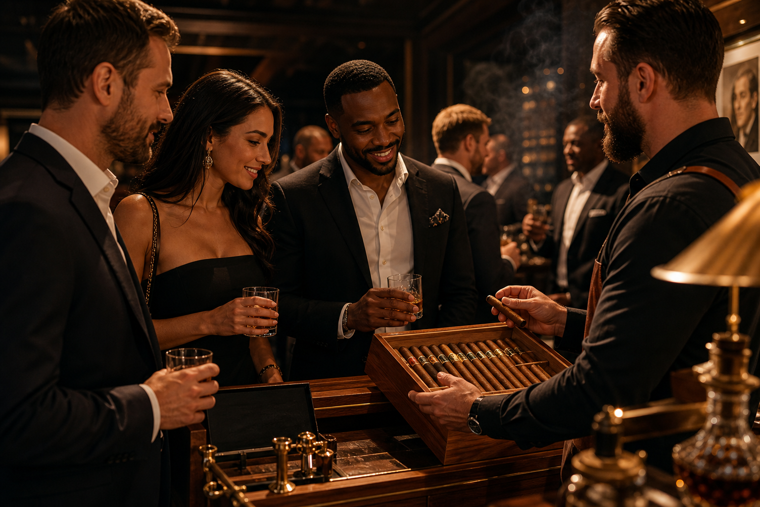 Upscale close-to-mid private event scene with guests enjoying a refined cigar service station under warm ambient lighting