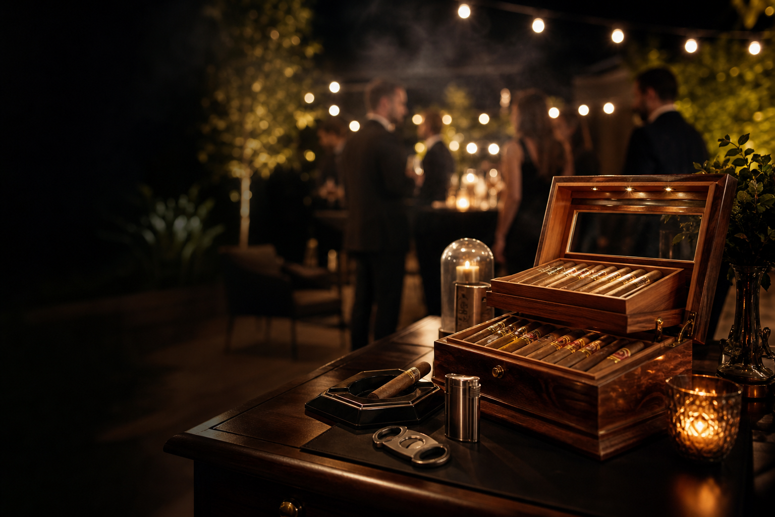 Moody private-event cigar service scene with polished setup, warm highlights, and elegant guest atmosphere