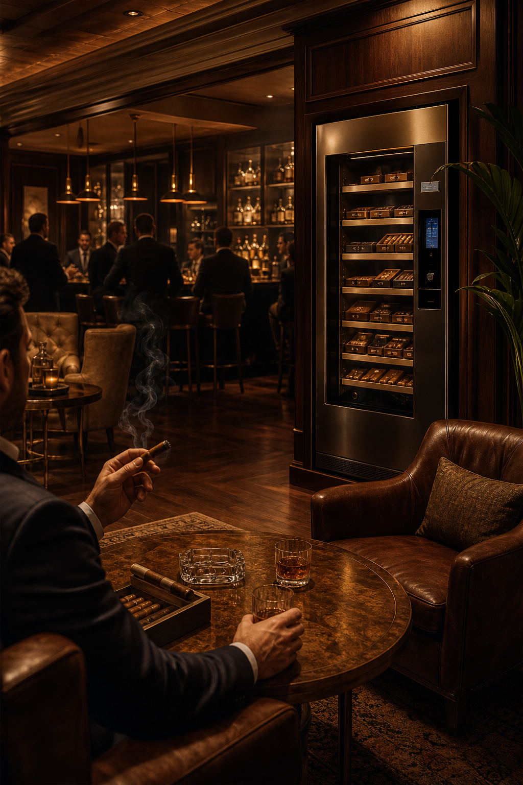 Upscale 21+ venue lounge interior with warm lighting, refined seating, and a discreet smart vending machine integrated near the bar area