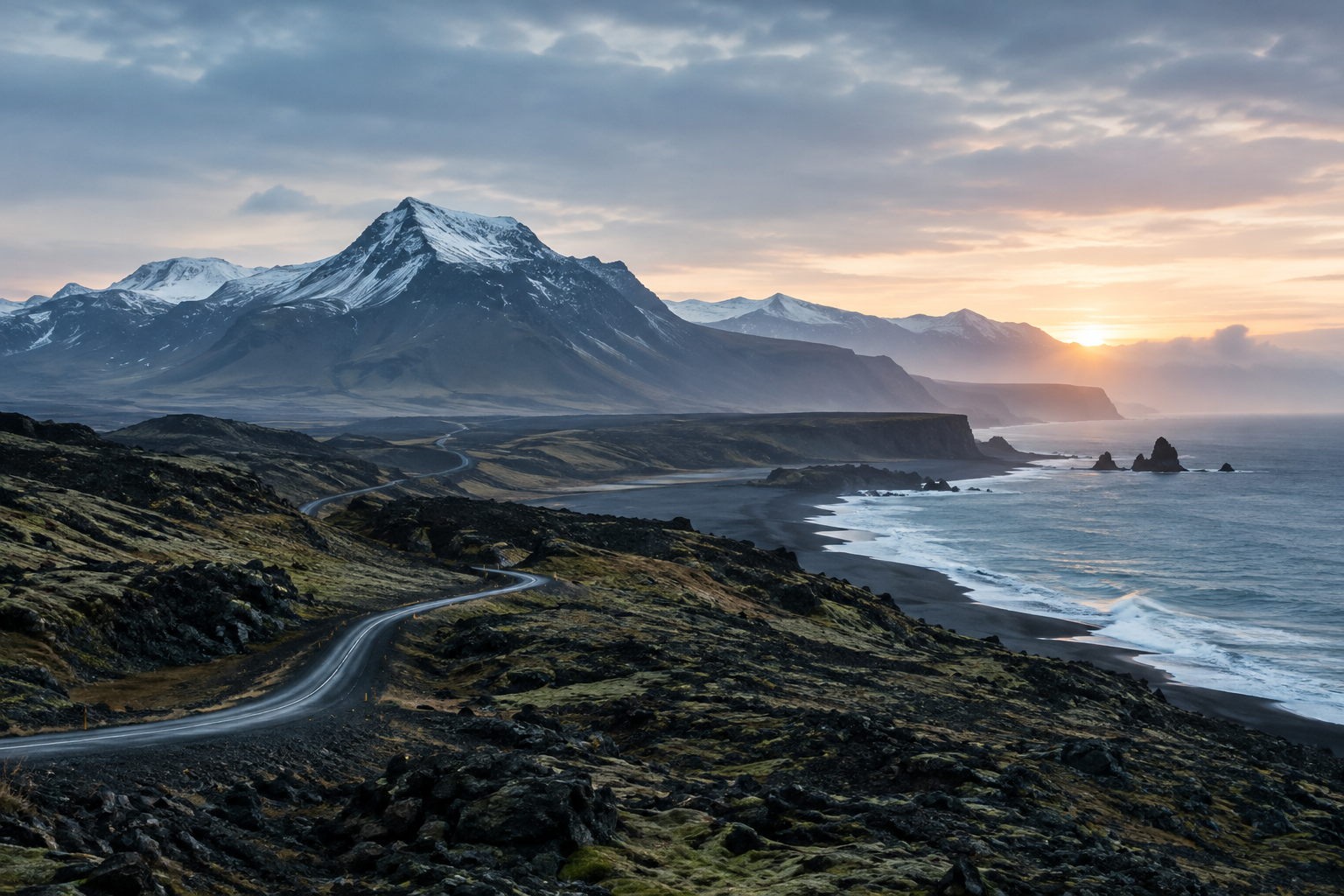 Scenic landscape for Midnight Light & Lava Roads along Iceland