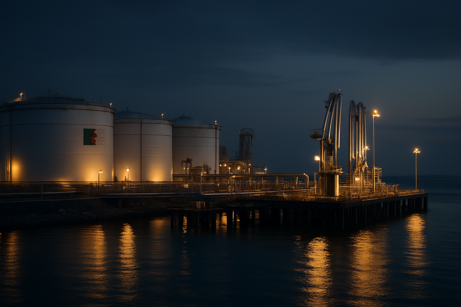 Algerian petroleum export terminal at dusk with storage tanks and loading infrastructure