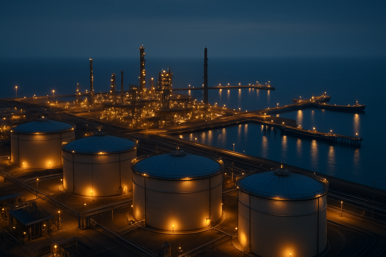 Modern Algerian refinery and Mediterranean port infrastructure at dusk
