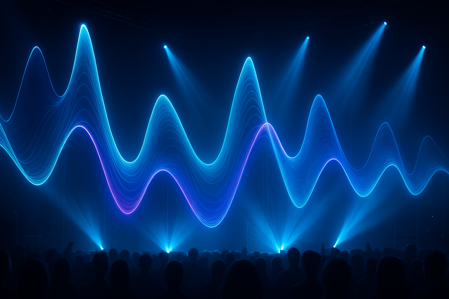 Interfaz abstracta con ondas de audio y luces de concierto