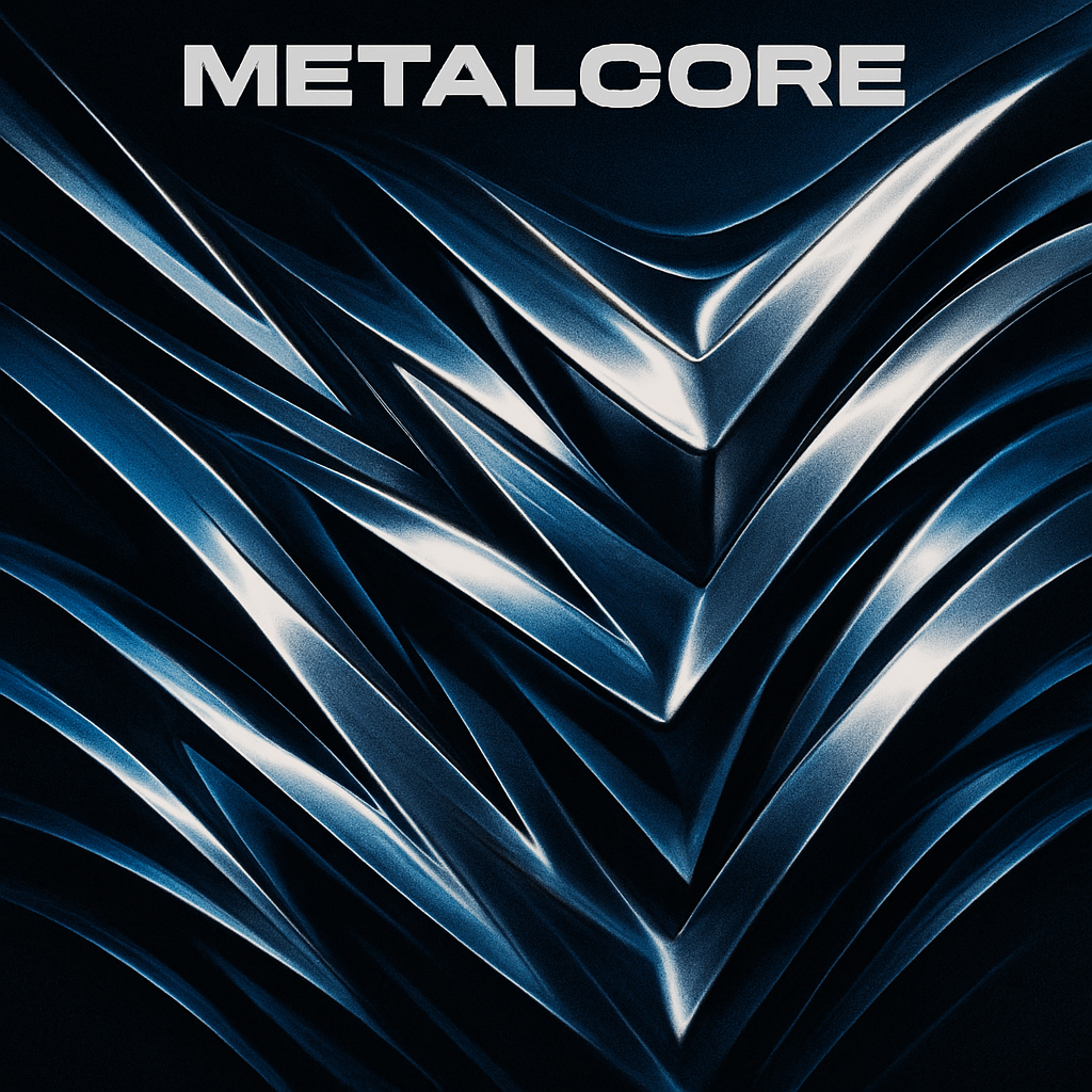 Portada con ondas geométricas y destellos metálicos, energía metalcore contemporánea