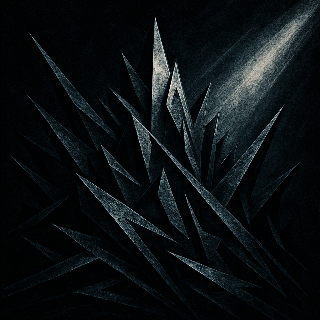 Portada con geometría cortante y sombras negras, estética black/death