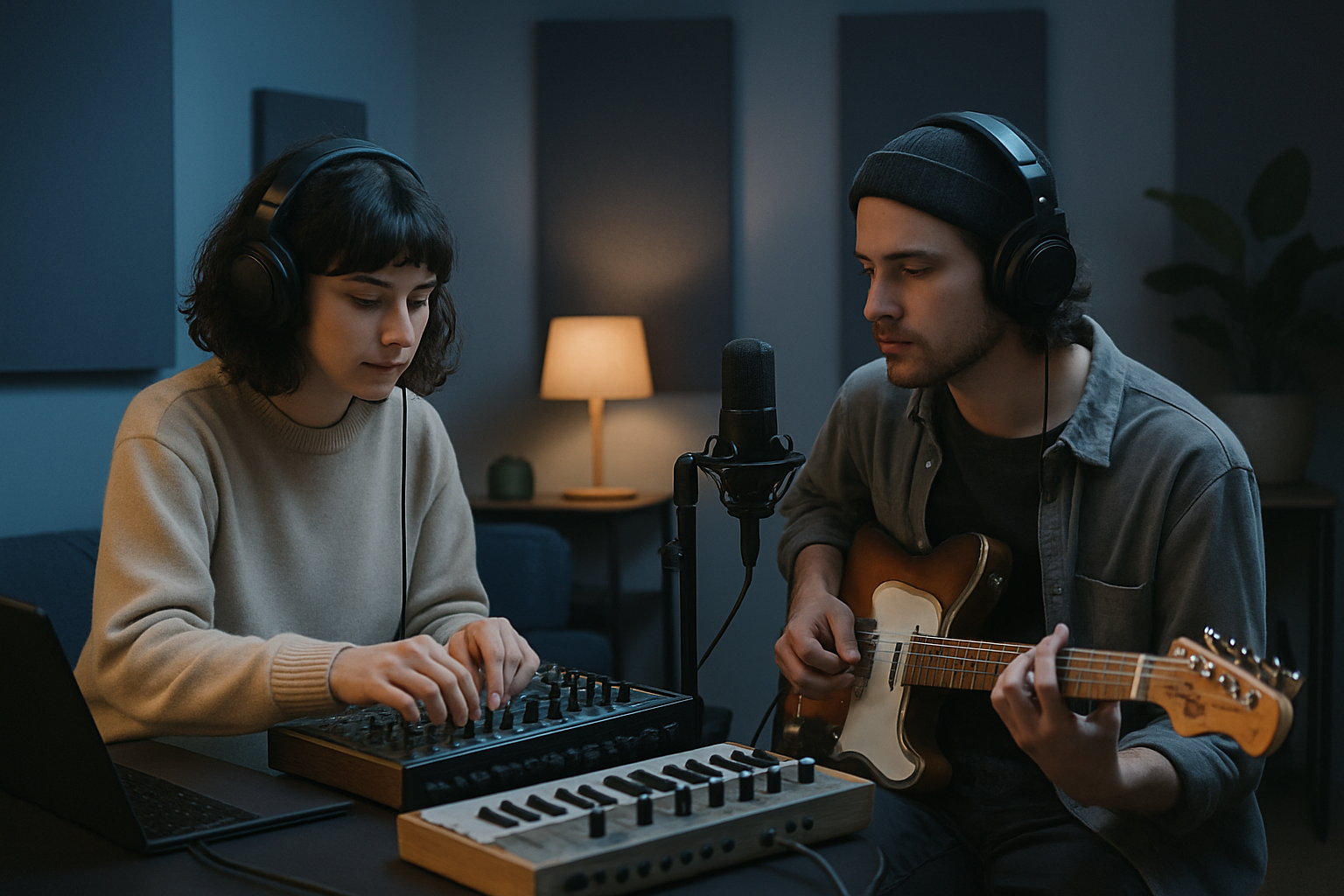 Dúo indie grabando con sintetizadores suaves