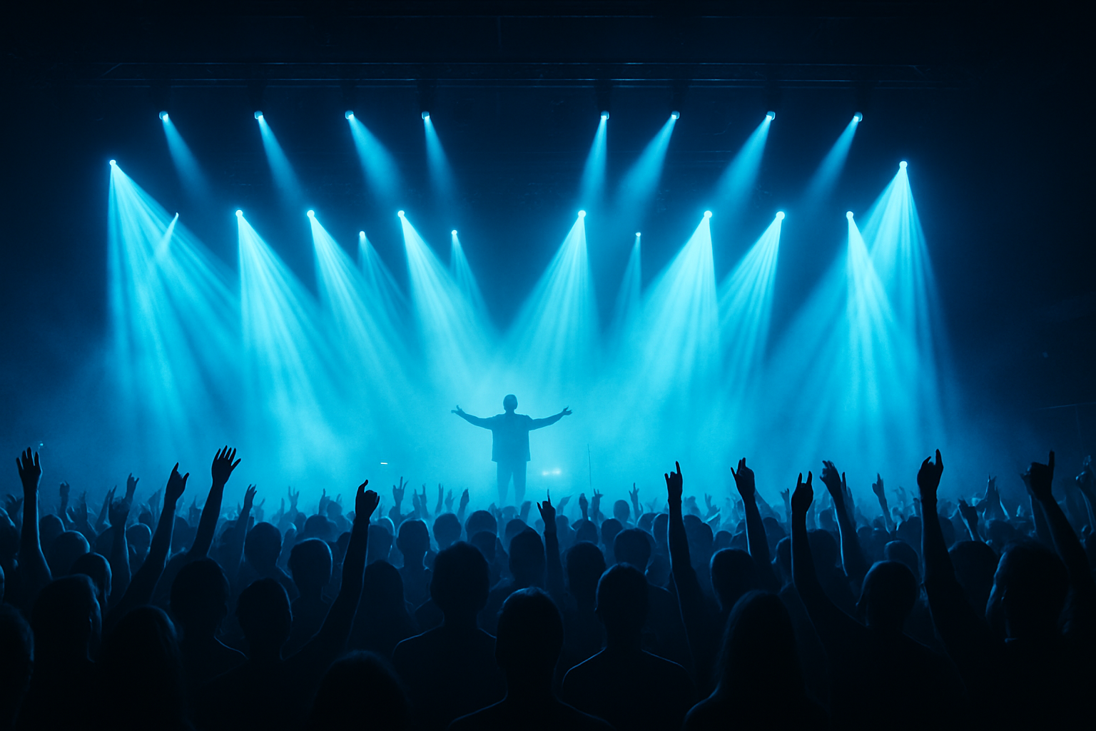 Vista inmersiva de un concierto en vivo con luces y público